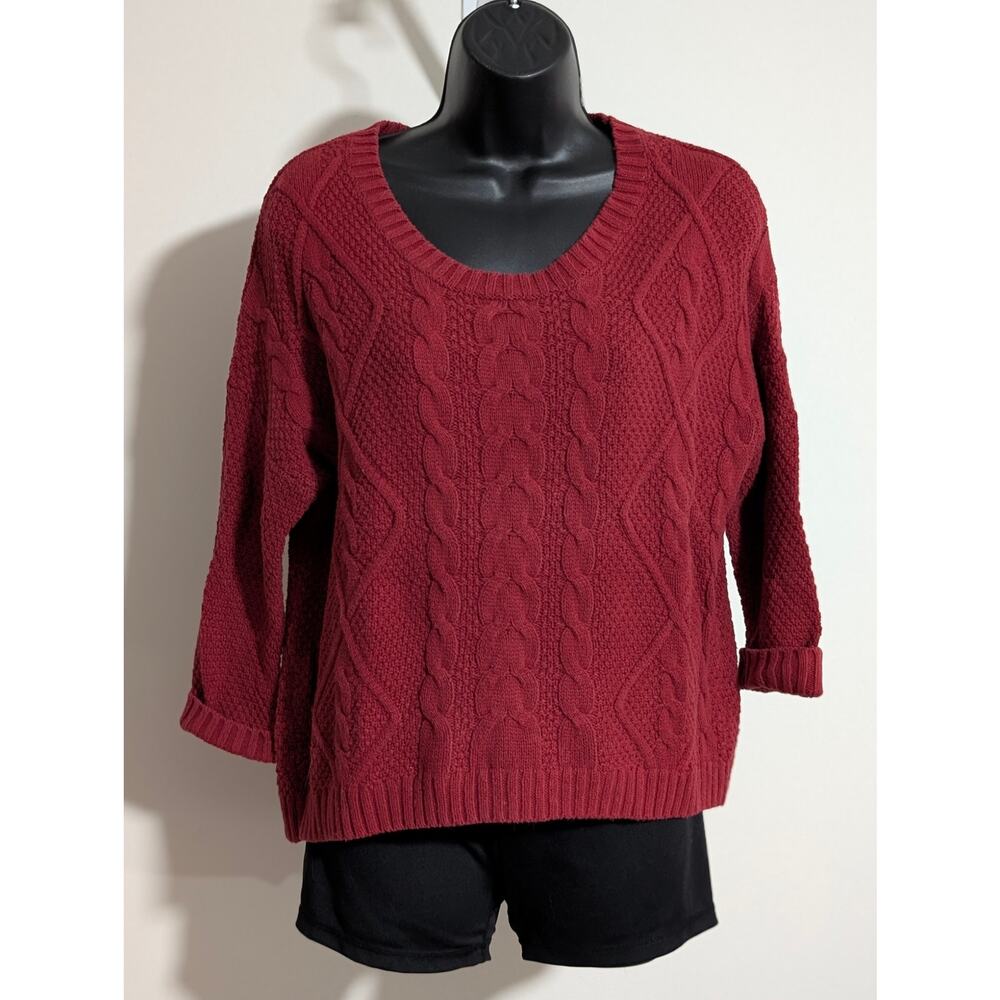 Old Navy Red Cable Knit Sweater 3/4 Sleeve Scoop Neck Size Medium